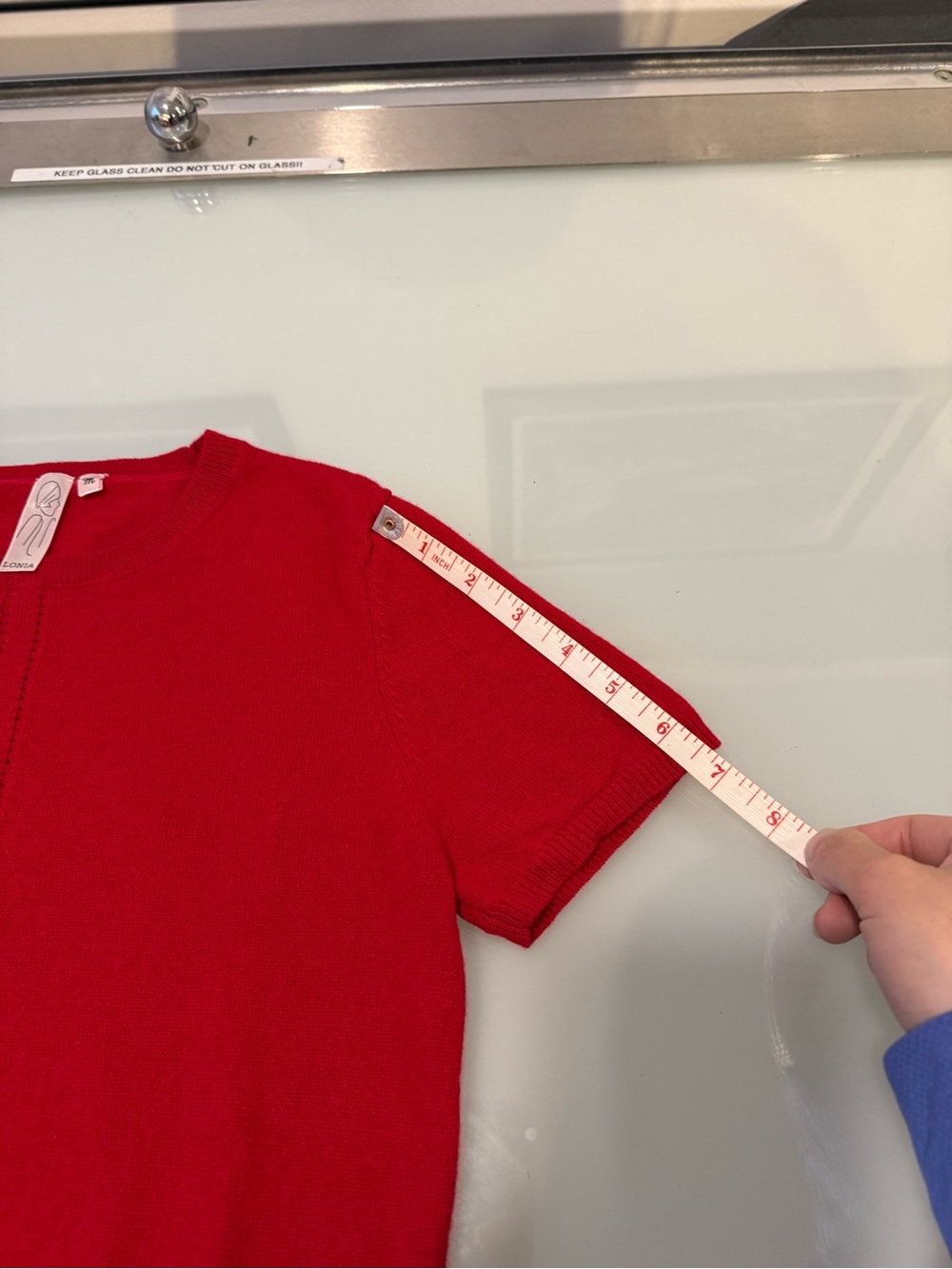 LONIA 100% Cashmere Red Short Sleeve Pointelle Center Crewneck Knit Sweater M - Picture 7 of 8